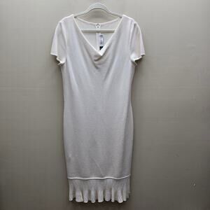 St John Collection Santana Knit Sweater Dress 10 Ruffle Hem Knee Length Ivory